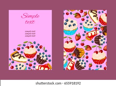 Cupcake and cheesecake vector promo card set cartoon style. Restaurant or cafe menu design. Flyer template with berries and muffins. - Powered by Shutterstock - Get 15% off with code: PIKWIZARD15
