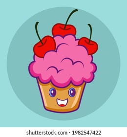 Cupcake with cherries. Cartoon character 