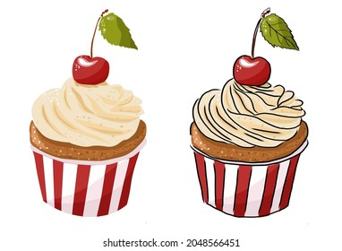 Cupcake with cherries in two styles. Print for postcards