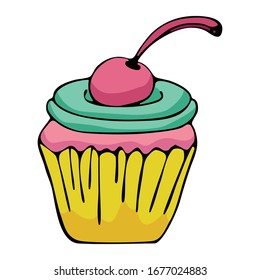 quequito con cerezas. ilustración vectorial. bollería dulce. 