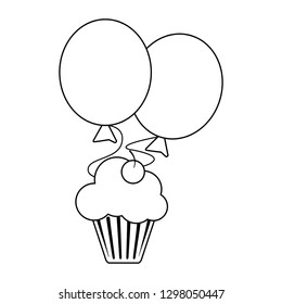 Cupcake with cherry and balloons black and white