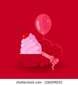 Cupcake with a cherry and balloons on red  background

