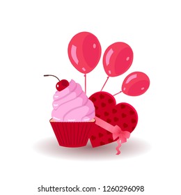 Cupcake with a cherry and balloons on white background
