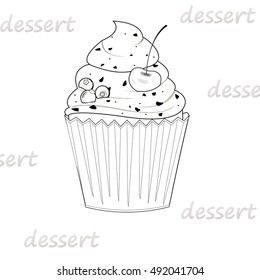 Cupcake, cherry, blueberry isolated. Vector illustration in black and white style.