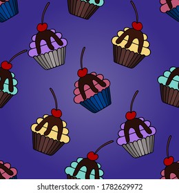Cupcake. Cherry cake decoration. Muffin covered with chocolate. Seamless vector pattern. Isolated purple background. Cartoon style. An endlessly repeating ornament. Illustration idea for packaging.