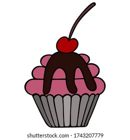 Cupcake. Cherry cake decoration. Pink muffin covered with chocolate. Color vector illustration. Isolated background. Cartoon style. Delicious dessert in a bowl. Illustration idea for menu, web design.