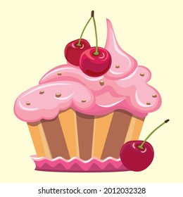 Cupcake with cherry, cartoon style, flat design, vector illustration.