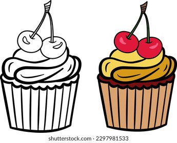 Kuchen mit Kirsche. Kuchen zum Färben. Vektorgrafik von Köstlichem Gebäck