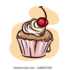 Cupcake With Cherry And Cream. Cute hand drawn illustration Vector logo for bakery.