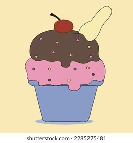 cupcake with cherry.ice cream in a glass.ice cream cone.Bright ice cream in a cup. Cute cartoon vector illustration isolated on white