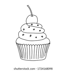 Cupcake with cherry and cream in the style of Doodle.Black and white image of baking.Monochrome.Outline drawing by hand.Sweet confectionery products.Vector image