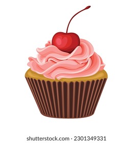 Cupcake Cherry Cream Sweet Cake Desert Vector Illustration