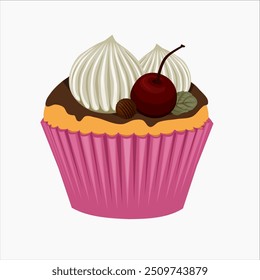 Cupcake con cereza y nata.Ilustración vectorial.