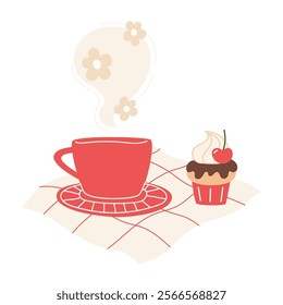 Cupcake with Cherry and a Cup of Aromatic Tea on a Saucer