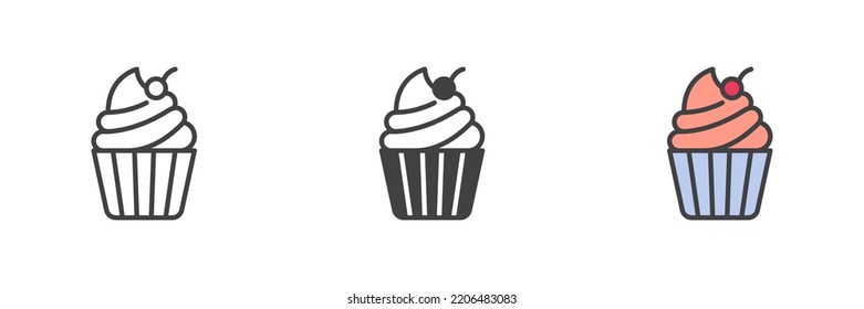 Cupcake with cherry different style icon set. Line, glyph and filled outline colorful version, outline and filled vector sign. Dessert symbol, logo illustration. Vector graphics