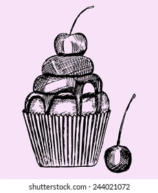 cupcake with cherry,  doodle style