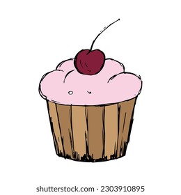Pastel con cereza. Dibujo de muffin vectorial para café. Pequeño quequito simple hecho por liner.