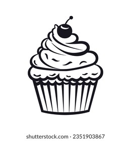 Cupcake with cherry in flat black color on white background