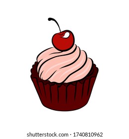 cupcake with cherry, hand draw, vector illustration