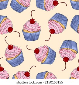 Cupcake with cherry hand drawn seamless pattern background