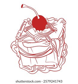 Cupcake with Cherry – Hand-Drawn Minimalist Vector Illustration of a Delicious Pastry in an Elegant Linear Style