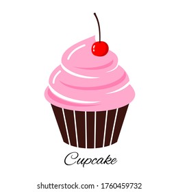 Cupcake with cherry icon isolated on white background vector. Cute cartoon dessert.