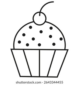 Cupcake cherry icon. Sweet muffin vector. Topping dot shape. Paper wrapper outline.