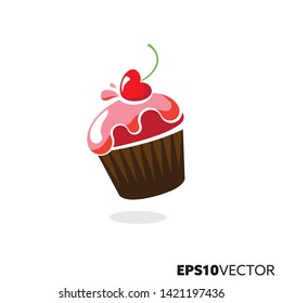 Cupcake with cherry illustration. Cartoon symbol of pastry and sweet food. Colorful flat vector illustration.