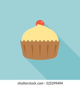 cupcake and cherry illustration with long shadow, flat design