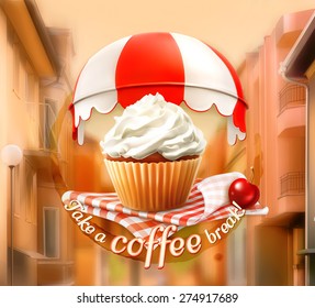 Cupcake and cherry, an invitation to a cup of coffee, breakfast or lunch time, cafe icon on a street background, vector illustration, advertising for cafe, cafe decoration, poster card