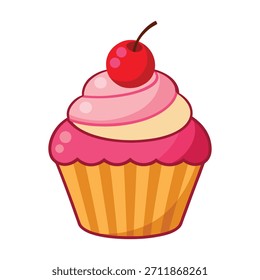 Cupcake with cherry isolated on white background, sweet dessert illustration and celebration vector design
