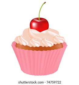 Cupcake With Cherry, Isolated On White Background, Vector Illustration
