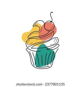 Cupcake with cherry in line art style with colorful green-red-yellow inserts on white background. Cute hand-drawn vector illustration	