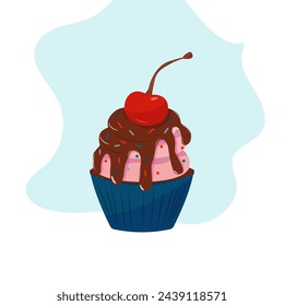 Cupcake mit Kirsche auf blauem Hintergrund