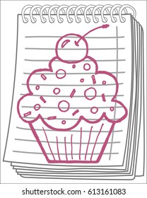 Cupcake with cherry on notebook background. Free hand drawn. Vector illustration.