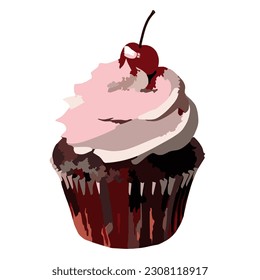 Ein Cupcake mit einer Kirsche oben. Kuchen, Schokolade, Kuchen, Nachtisch, süß, Sahne, Bäckerei.
