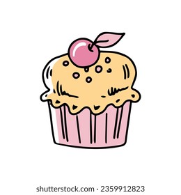Cupcake with a cherry on top in doodle style on a white background. Festive concept. Hand drawn vector colored outline icon.	