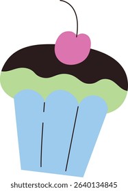 A cupcake with a cherry on top in a flat style. The dessert features a wavy icing and a single cherry accent. Cartoon vector illustration.