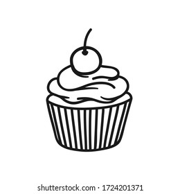 Cupcake with cherry on top line icon, outline vector sign, linear style pictogram isolated on white. Desert symbol, logo illustration. Pixel perfect vector graphics