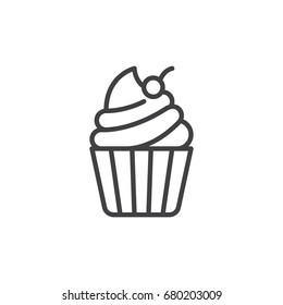 Cupcake with cherry on top line icon, outline vector sign, linear style pictogram isolated on white. Desert symbol, logo illustration. Editable stroke. Pixel perfect vector graphics