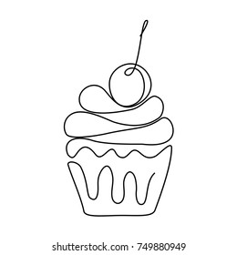 Cupcake With Cherry On Top Line Art Icon. Desert Symbol