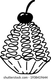 Pastel con cereza en la parte superior, boceto esquemático, doodle dibujado a mano convertido en vector