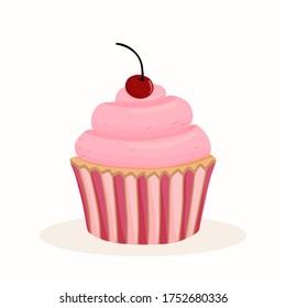 Cupcake with cherry on the top and pink cream. Vector illustration isolated on a white background. Flat drawing style.