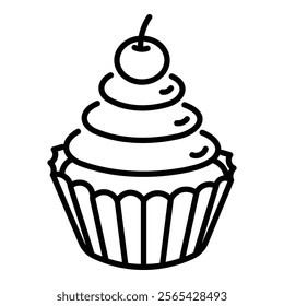 A cupcake with a cherry on the top, representing desserts, celebrations, and sweet indulgence round line vector icon with editable stroke 