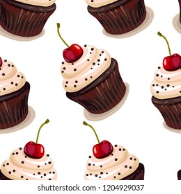 Cupcake with cherry on top seamless pattern