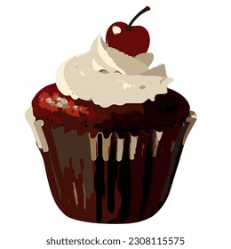 A cupcake with a cherry on top is shown. Cupcake, chocolate , cake, dessert, sweet, cream, bakery