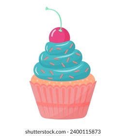 Cupcake with cherry on top. Sweet cream dessert. Vector flat cartoon illustration.