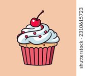 Cupcake with a cherry on top. Vector illustration in simple flat style on pastel background