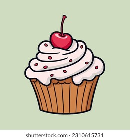 Cupcake with a cherry on top. Vector illustration in simple flat style on pastel background