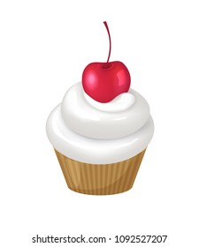 Cupcake with cherry on top of whipped cream swirl. Delicious dessert that has fruit and dairy product as ingredients isolated vector illustration.